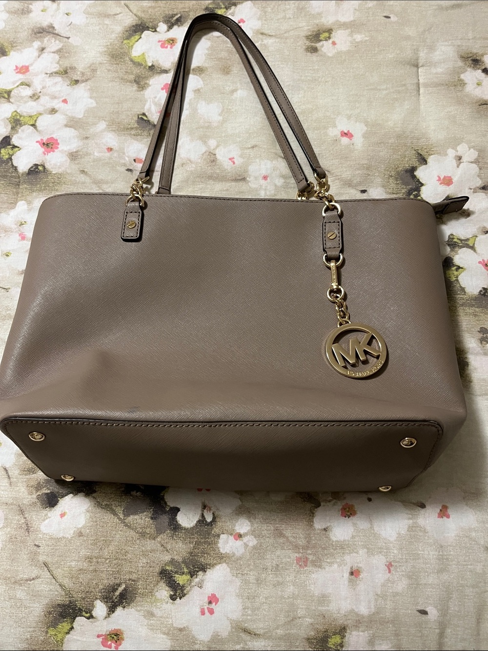 Michael Kors Taupe Leather Saffiano Tote with Gold MK Charm